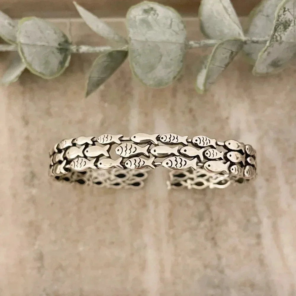 925 Sterling Silver Cuff Bracelet School of Fish Bracelet Modern Silver Bangle